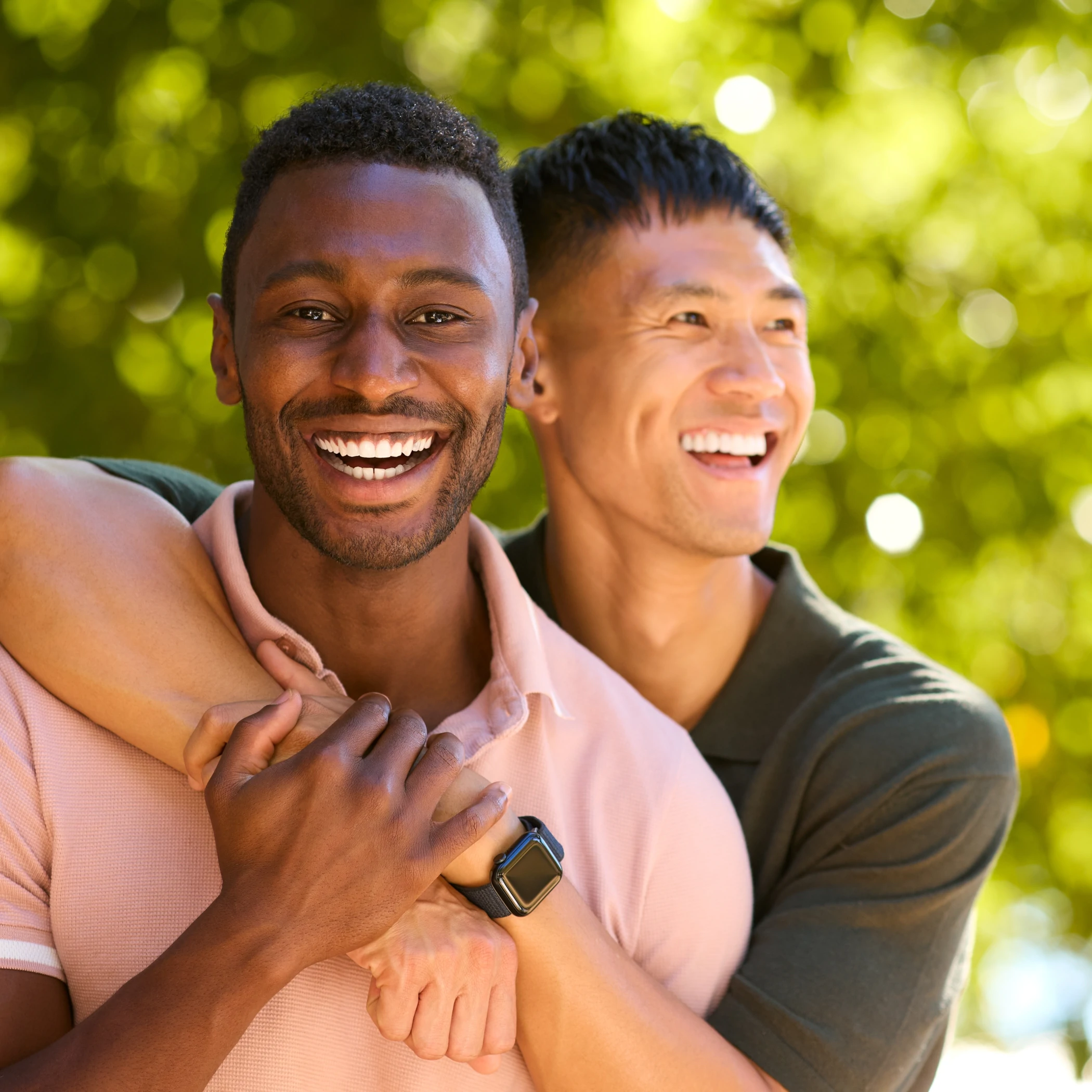 Two males holding each other and feeling connected after couples therapy in beverly hills